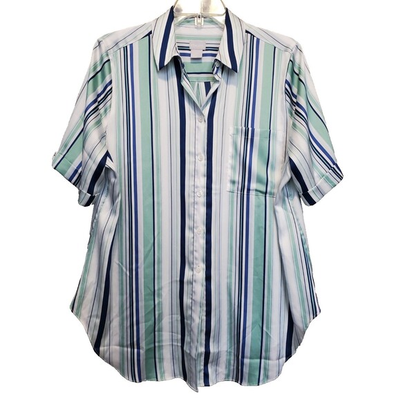 Chico's Multicolor Varied Stripes Silky Short Sleeve Button-Up Shirt Size 2 LGE - Picture 1 of 6